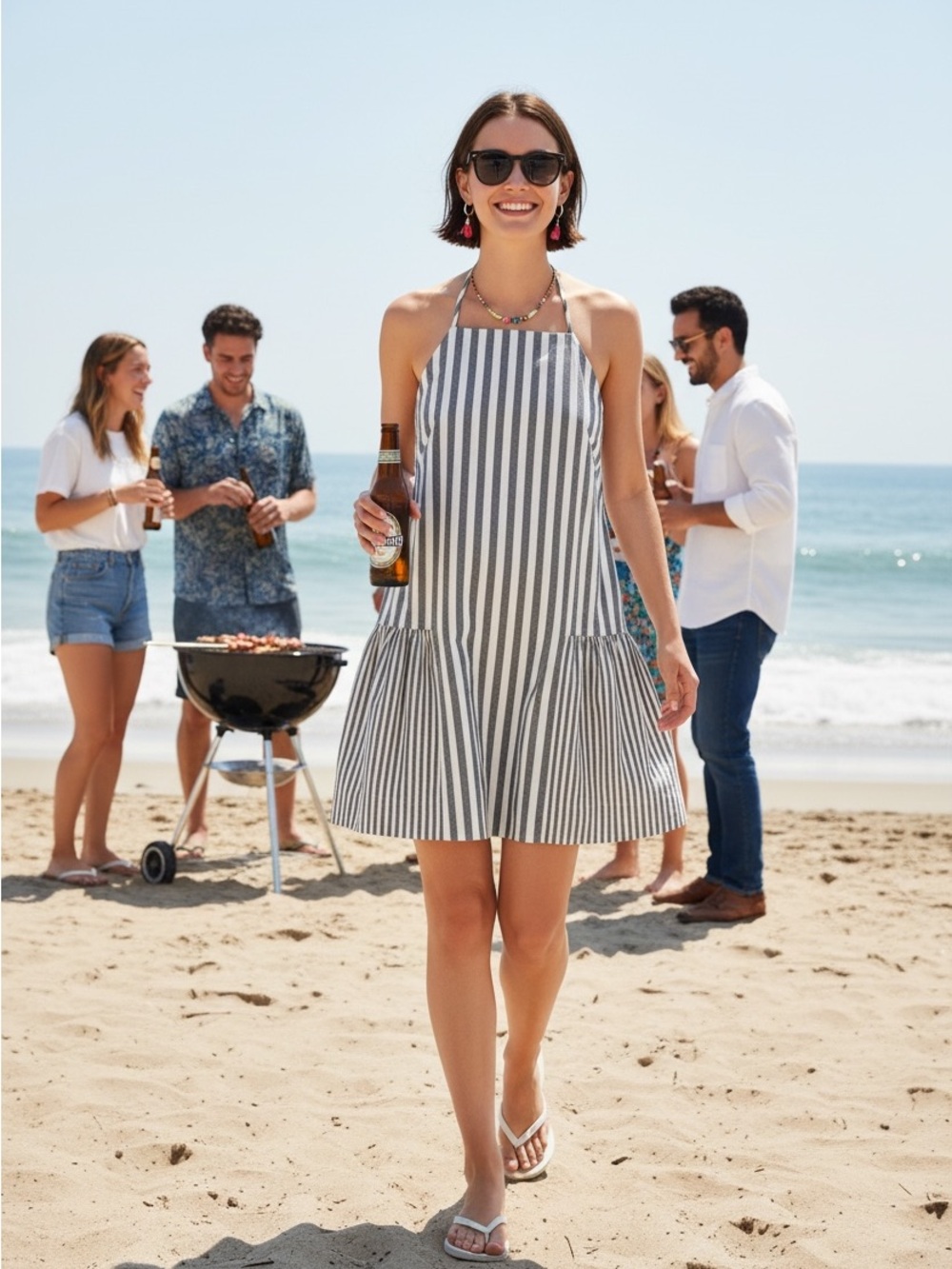 Milly Sample designer striped apron mini dress Grey white Striped